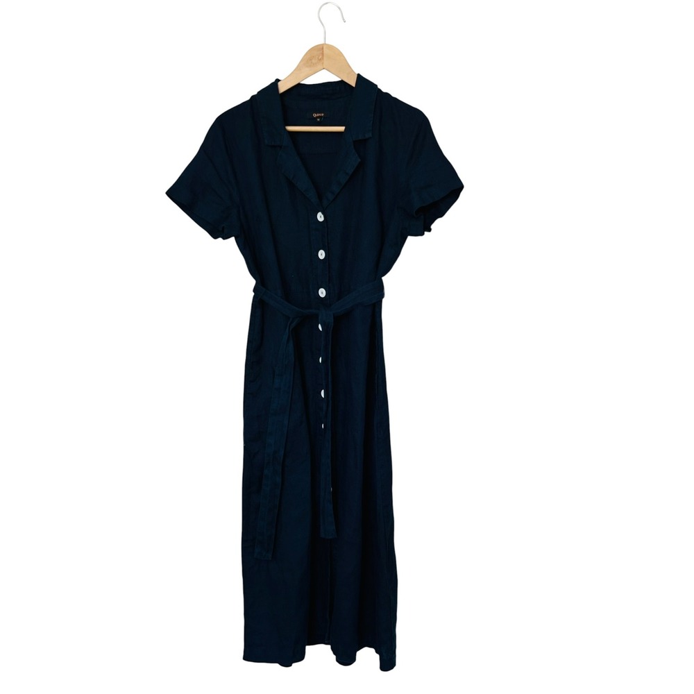 Quince 100% European Linen Button Front Dress M Deep Navy Belted Midi - Picture 3 of 10